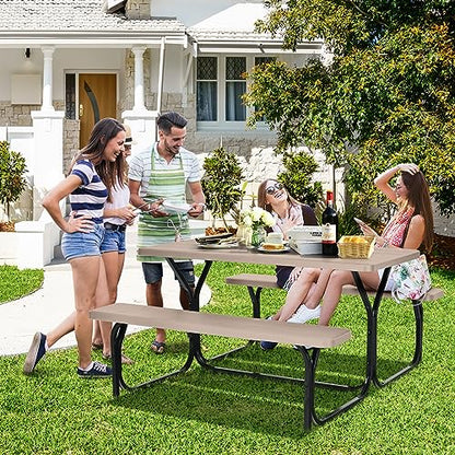 COSTWAY Outdoor Picnic Table, HDPE Plastic Picnic Table Bench Set with Weather Resistant Tabletop & Wood Texture, Ideal for Patio, Backyard (59" D x 54" W x 28.5" H,Brown) - color: Brown