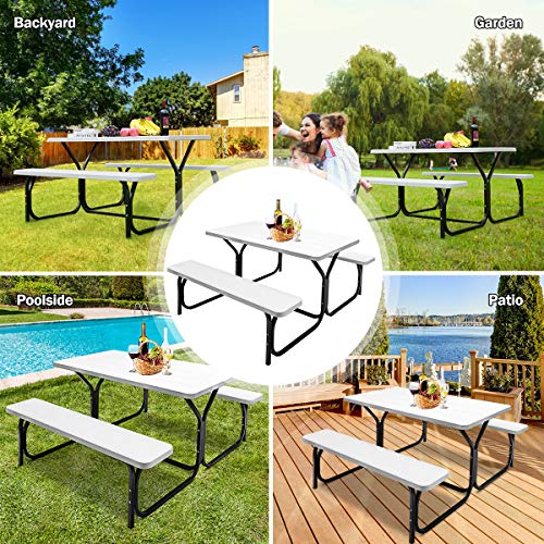 GYMAX Picnic Table, Picnic Bench Easy to Assemble w/All Weather Wood Grain Tabletop & Metal Frame, Picnic Tables for Outdoors Camping Backyard Deck Patio Poolside Dining Party - color: White