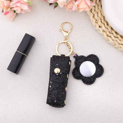 Sisadodo Glitter Lip Oil Holder Key Chains for Woman Lipstick Case with Mirror Lip Balm Keychain for Lipstick Case Keychain - color: Black-flower