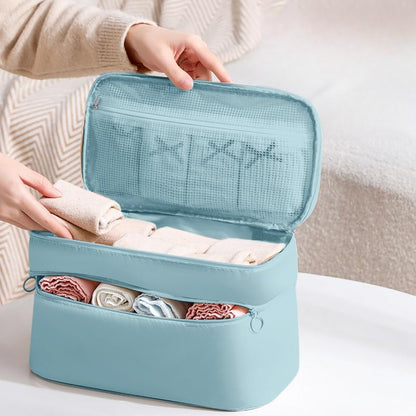 Portable Underwear Bra Storage Bag Waterproof Travel Organizers Multi-Layer Toiletry Packing Cube - color: Stripe-light blue