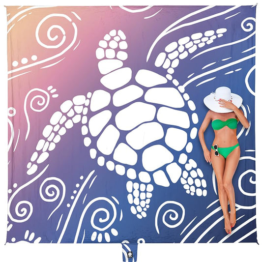 WEKAPO Beach Blanket Waterproof Sandproof Oversized Extra Large Sand Free Beach Mat with Stakes, Storage Bag - Essentials for Outdoor Beach, Picnic (Deep Blue Sea Turtle, 11 X 9 FT (1~10 Person)) - color: Deep Blue Sea Turtle, size: 11 X 9 FT (1~10 Person