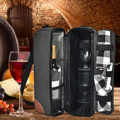 Wine Bag,Insulated Cooler Bag with Wine Glasses Steel Corkscrew Bottle Opener and Napkins Portable Wine Gift Bag for Picnics,Party,Travel (Gray)