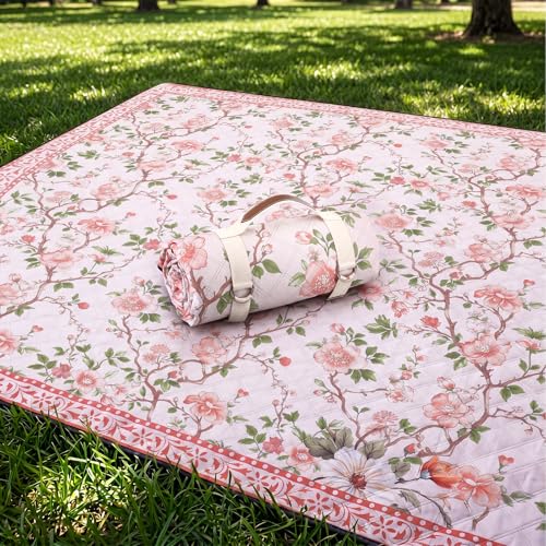 Newwiee 80 x 80 Inch Pink and Green Floral Picnic Blanket Extra Large Outdoor Chinoiserie Picnic Mat with Carry Strap Waterproof Sandproof Blanket Foldable Portable for Beach Camping Grass Lawn Park - color: Pink and Green