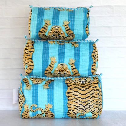 YILLE Set of 3 Pieces Block Printed Travel Organizer Kit Storage Bag for Women Makeup Bag Travel Cosmetic Bag (Turquoise Fat Tiger) - color: Turquoise Fat Tiger