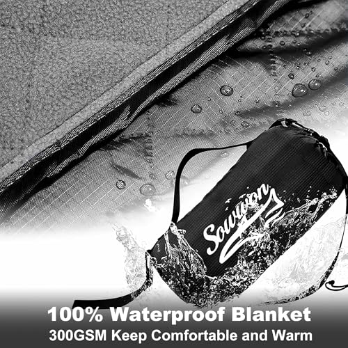 Waterproof Outdoor Blanket 92”X 60” Packable, Stadium Blankets for Camping with Quilted Fleece Lining, Large Windproof Emergency Throw Mat for Garss Picnic Hiking Road Trip, Machine Washable, Black - color: Fleece Black-300 Gsm, size: 92"x 60"