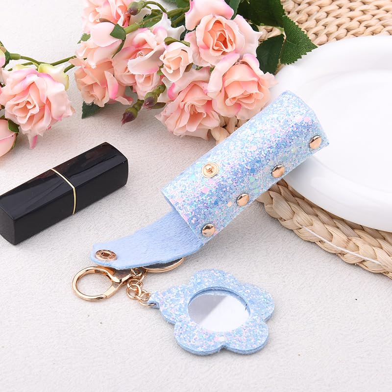 Sisadodo Glitter Lip Oil Holder Key Chains for Woman Lipstick Case with Mirror Lip Balm Keychain for Lipstick Case Keychain - color: Blue-flower