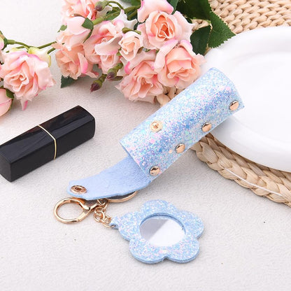 Sisadodo Glitter Lip Oil Holder Key Chains for Woman Lipstick Case with Mirror Lip Balm Keychain for Lipstick Case Keychain - color: Blue-flower