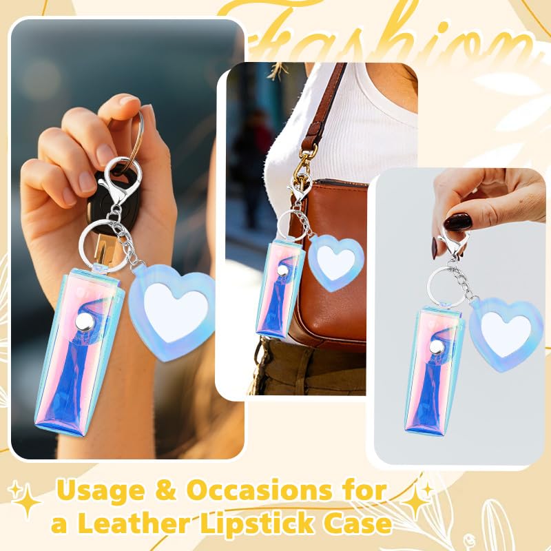 Sisadodo Glitter Lip Oil Holder Key Chains for Woman Lipstick Case with Mirror Lip Balm Keychain for Lipstick Case Keychain - color: Pv Blue-heart