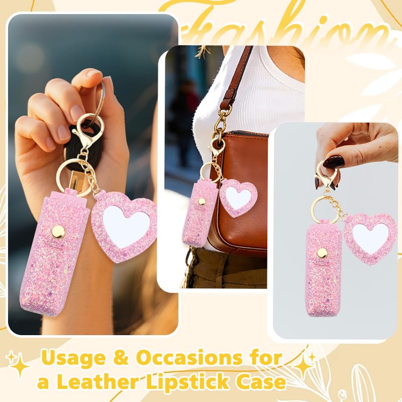 Sisadodo Glitter Lip Oil Holder Key Chains for Woman Lipstick Case with Mirror Lip Balm Keychain for Lipstick Case Keychain - color: Hot Pink-heart