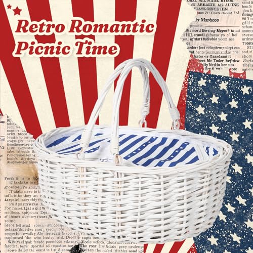 Wicker Picnic Basket with Insulated Lined Bag 15“ x 11” x 7“ Blue, White Star Stripe Pattern, Iced Beer Insulated Bag for Camping, Picnics, Birthday Gifts, Wedding Gifts - color: Blue and White Star Stripes