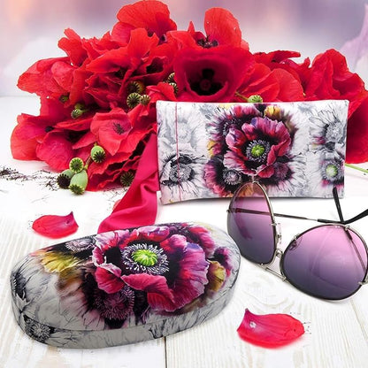 MyEyeglassCase Hard Sunglasses case - Women Glasses Case Holder - Large Durable Eyeglass Case Hard Shell with Pouch & Cloth - color: Z-combo As113 Poppy