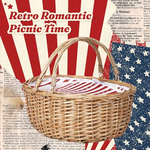 Wicker Picnic Basket with Insulated Lined Bag 15“ x 11” x 7“ Red, White Star Stripe Pattern, Iced Beer Insulated Bag for Camping, Picnics, Birthday Gifts, Wedding Gifts - color: Classic Red & White Stripes