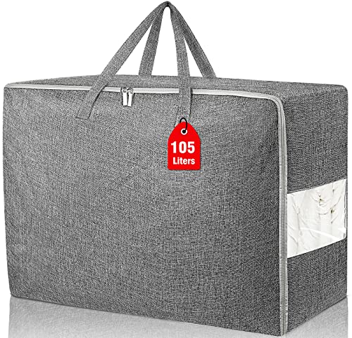 105L Extra Large Storage Bags, Folding Moving Comforter Blanket Storage Bags Closet Organizers and Storage Containers for Clothes with Strong Handles&Zippers Clear Window for Bedding Pillow, Grey - color: Grey, size: 105L x 1