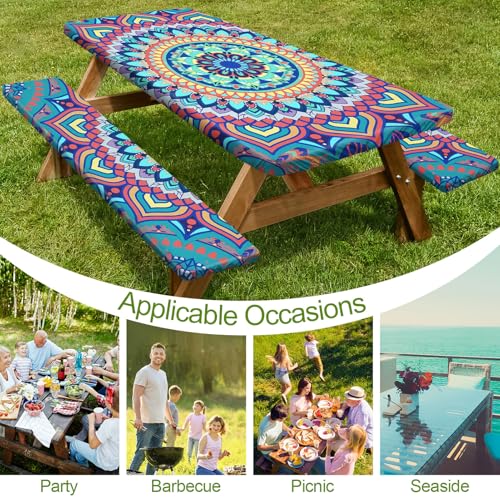 Picnic Table Cover with Bench Covers 6FT 3 Pcs Waterproof Windproof Aesthetic Camping Tablecloth with Drawstring Bag, Fitted for 6 Foot Rectangle Tables and Seats, 72 inch, Yellow Blue Orange - color: Yellow Blue Orange