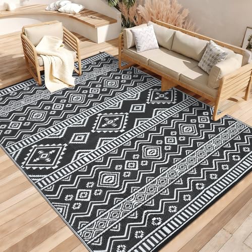 GarveeHome Outdoor Rug Waterproof 8x10 Reversible Outside Rug, Lightweight & Foldable Geometric Patio Carpet, Plastic Straw Indoor Outdoor Mats for Picnic Deck Balcony, Black White - color: Black and White, size: 8' x 10' (Rectangular)