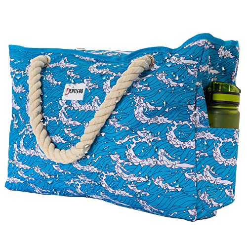 Beach Bag and Pool Bag Has Cooler Pocket, 7 Pockets Total, Zip Top. Family Size Waterproof Beach Tote - color: Ocean Waves