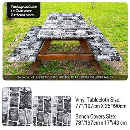 Boao 3 Pcs Vinyl Picnic Table Cover with Bench Cover 6 ft 30 x 72 Inch Waterproof Fitted Tablecloth Flannel Backing Rectangular Elastic Edged for Camping Outdoor Patio Travel(Brick) - color: Brick