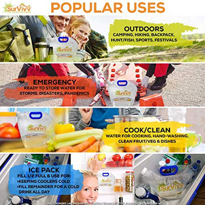 Premium Collapsible Water Container Bag, No-Leak, Freezable, Odorless, Flat Folding, BPA Free Food Grade Clear Plastic Storage bottle for Sports Outdoors Camping Hiking Backpack 1.3/2.6 Gallon