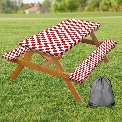 Picnic Table Cover with Bench Covers and Bag, Red and White Checkered Gingham Buffalo Plaid Camping Tablecloth Waterproof Windproof Elastic Edges Fitted Tablecloths for Outdoor Garden 3PCS 30x60 Inch - color: Gingham-red and White, size: 30" x 60"