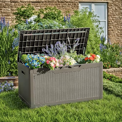 Devoko 97 Gallon Deck Box, Waterproof Resin Outdoor Storage Box for Outside and Patio, Large Outdoor Storage Bench Cabinet Lockable for Patio Furniture, Garden Tools and Pool Supplies (Brown) - color: Brown, size: 97 Gallon 1 Pack