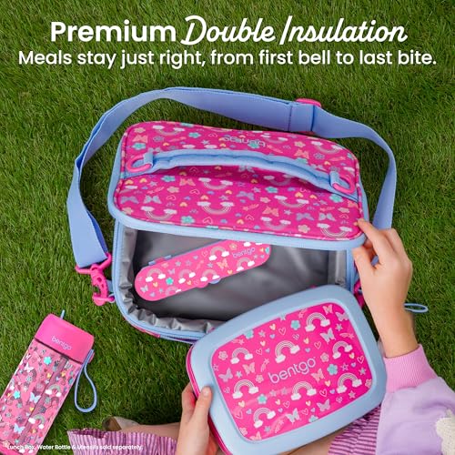 Bentgo Kids Lunch Bag - Double-Insulated, Reusable Lunch Bag for Kids 3+ with Adjustable Strap; Holds Lunch Box/Water Bottle/Snacks; Easy-Clean, Water-Resistant & Pockets (Rainbows & Butterflies) - color: Rainbows & Butterflies