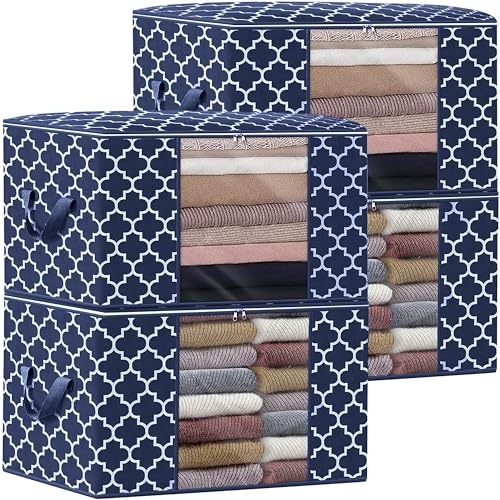 WISELIFE Storage Bags, Large Blanket Clothes Organization and Storage Containers for Bedding, Comforters, Foldable Organizer with Reinforced Handle, Clear Window,Sturdy Zippers,(Blue, 4 x 100L) - color: Blue, size: 4 x 100L