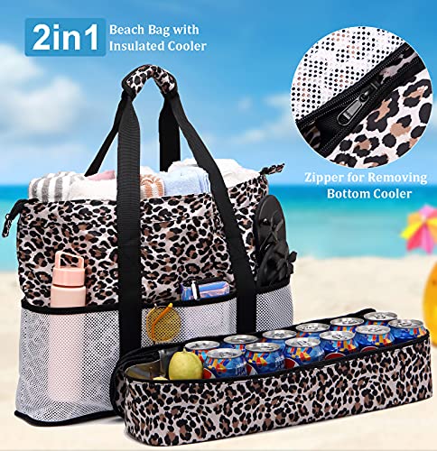 JIANYA Beach Bag Women Waterproof Sandproof Beach Tote Bags with Cooler Top Zipper Large Totes for Pool Travel Daily - color: *Leopard