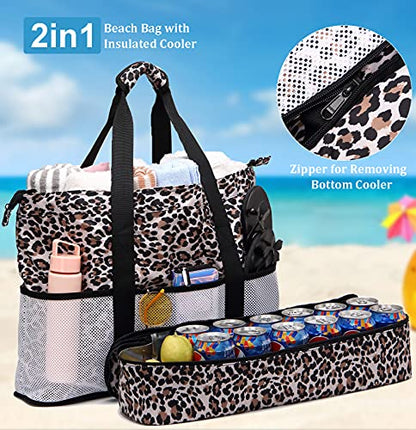 JIANYA Beach Bag Women Waterproof Sandproof Beach Tote Bags with Cooler Top Zipper Large Totes for Pool Travel Daily - color: *Leopard
