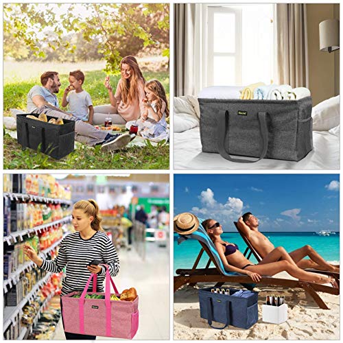 BALEINE Extra Large Utility Tote Bag with Reinforced Wire Frame, Reusable Grocery Bag for Shopping, Picnic (Black, 22''x12''x10'') - color: Black, size: 22''x12''x10''