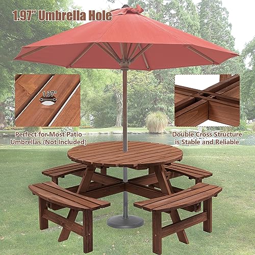 Round 8 Person Wooden Picnic Table Sets Outdoor Camping Dining Table with Seat Garden DIY w/ 4 Built-in Benches 2220lb Capacity - Brown - color: Brown-8-round