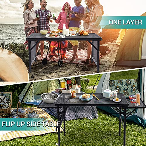 Nice C Folding Grill Table, Camping Tailgate Metal Table, 2 Tier Mesh Grill Station, with Metal Folding Adjustable Height&Width, Mesh Net, Carry Handle, for Outdoor