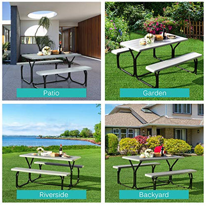 GYMAX Picnic Table, Picnic Bench Easy to Assemble w/All Weather Wood Grain Tabletop & Metal Frame, Picnic Tables for Outdoors Camping Backyard Deck Patio Poolside Dining Party - color: Grey