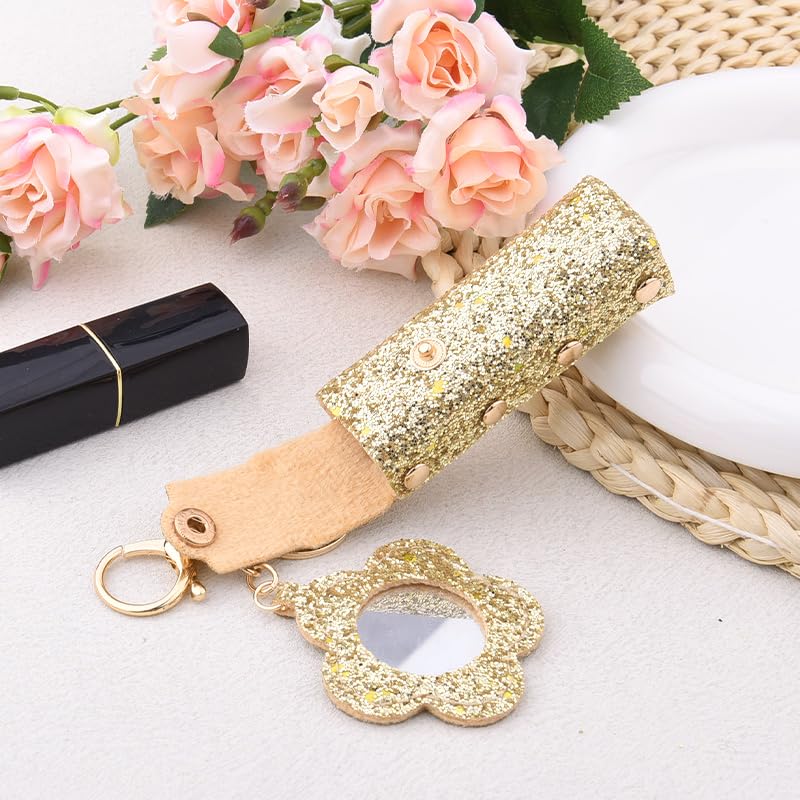 Sisadodo Glitter Lip Oil Holder Key Chains for Woman Lipstick Case with Mirror Lip Balm Keychain for Lipstick Case Keychain - color: Gold-flower