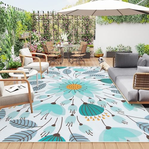 Lahome Floral Indoor Outdoor Rug 8x10, Non Slip Outdoor Patio Rug for Balcony Deck, Portable Large Outdoor Rugs for Camping Picnic Backyard, RV Mat Outdoor Carpet for Living Room Bedroom,Blue - color: Blue, size: 8'x 10'