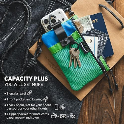 VULKIT RFID Blocking Travel Wallet for Men Women, Water Resistant Passport & Phone Holder with Detachable Lanyard and Key Ring, Lightweight Zipper Travel Wallet - color: Green