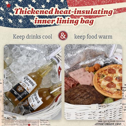 Wicker Picnic Basket with Insulated Lined Bag 15“ x 11” x 7“ Red, White Star Stripe Pattern, Iced Beer Insulated Bag for Camping, Picnics, Birthday Gifts, Wedding Gifts - color: Red and White Star Stripes
