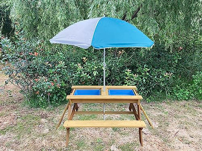 BTExpert Kids 3-in-1 Sand Water Activity Table Wooden Outdoor Convertible Picnic Table Bench Adjustable Umbrella Removable Top 2 Play Boxes Toy Set 37 x 35 in - color: Clear, size: 37 x 35 in