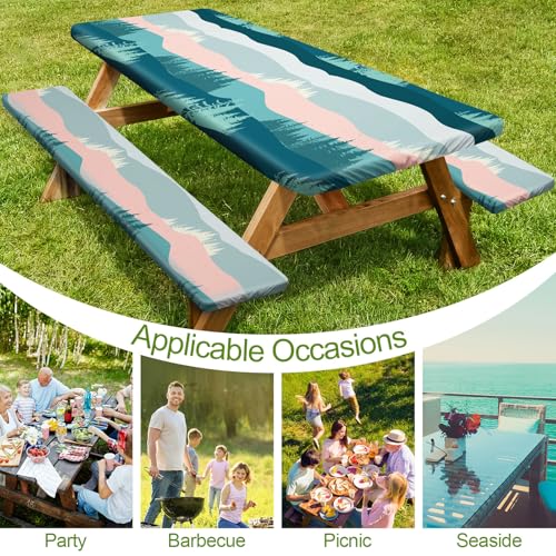 Picnic Table Cover with Bench Covers 6FT 3 Pcs Waterproof Windproof Aesthetic Camping Tablecloth with Drawstring Bag, Fitted for 6 Foot Rectangle Tables and Seats, 72 inch, Pink Green Mountains - color: Pink Green Mountains