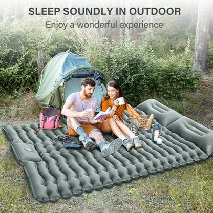 Yuzonc Double Camping Sleeping Pad – 4" Ultra-Thick Foot-Pump Design, Lightweight 2-Person Inflatable Sleeping Mat with Pillow for Backpacking, Hiking, Travel, Tent – Gray - color: Grey