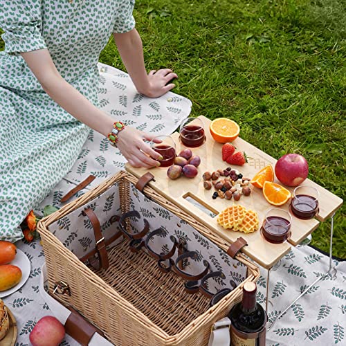 WILLOW WEAVE Picnic Basket with Table, Wine Picnic Basket Set 4, Wicker Picnic Basket for 4, Willow Hamper Service Gift Set with Blanket & Portable Wine Snack Table for Camping and Outdoor Party - size: L for 4P-Leaf