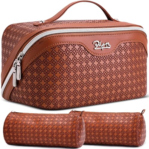 BOYATU Travel Makeup Bag for Women: Four Leaf Clover Large Capacity 3 Pcs Set Cosmetic Bags - Waterproof 50% Extra Space for Toiletry Organizer - Travel Essentials for Fortunate (10 Red Brown) - color: 10 Red Brown