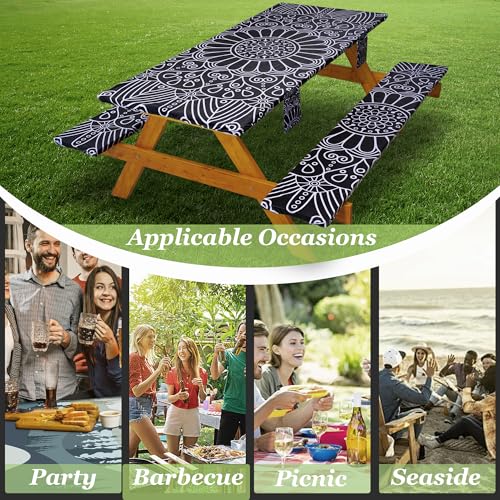 Fitted Picnic Table Cover with Bench Covers Vinyl Waterproof Elastic Edges Fitted Rectangle Tables Patio Tablecloth Camping Gear and Essentials Rv Accessories Road Trip Supplies Car Travel Must Haves - color: Black Mandala, size: 72in