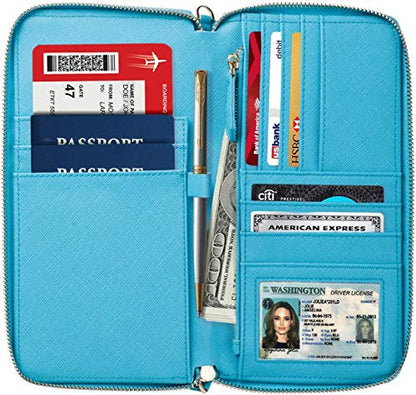 Travel Document Organizer - RFID Passport Wallet Case Family Holder Id Wristlet - color: Family Aqua Blue