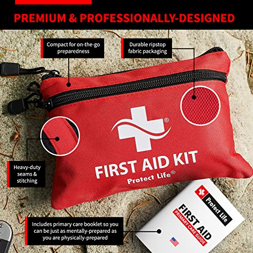 Protect Life Doctor Developed Mini First Aid Kit, 100 Piece Waterproof Emergency Kit for Car, Boat, Camping & Travel, Includes Emergency Blanket, Tourniquet & First Aid Guide - size: 100 Pieces Kit