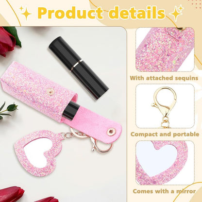 Sisadodo Glitter Lip Oil Holder Key Chains for Woman Lipstick Case with Mirror Lip Balm Keychain for Lipstick Case Keychain - color: Hot Pink-heart