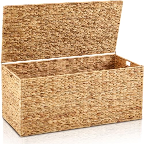 Wonderjune 42 x 20 x 18.5'' Water Hyacinth Wicker Storage Trunk with Metal Frame, Heavy Duty Storage Chest with Lid Large Rattan Basket for Blankets, Seasonal Clothes, Extra Bedding (Natural,Flat Lid) - color: Natural, size: 42 x 20 x 18.5'', style: Flat