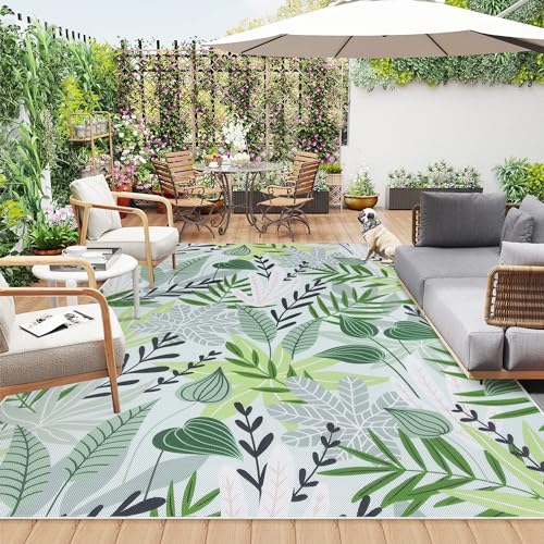 Lahome Leaf Indoor Outdoor Rug 8x10, Non Slip Outdoor Patio Rug for Camping Picnic, Portable Large Outdoor Rugs for Balcony Deck Backyard, RV Mat Outdoor Carpet for Living Room Bedroom,Green - color: Green, size: 8'x 10'