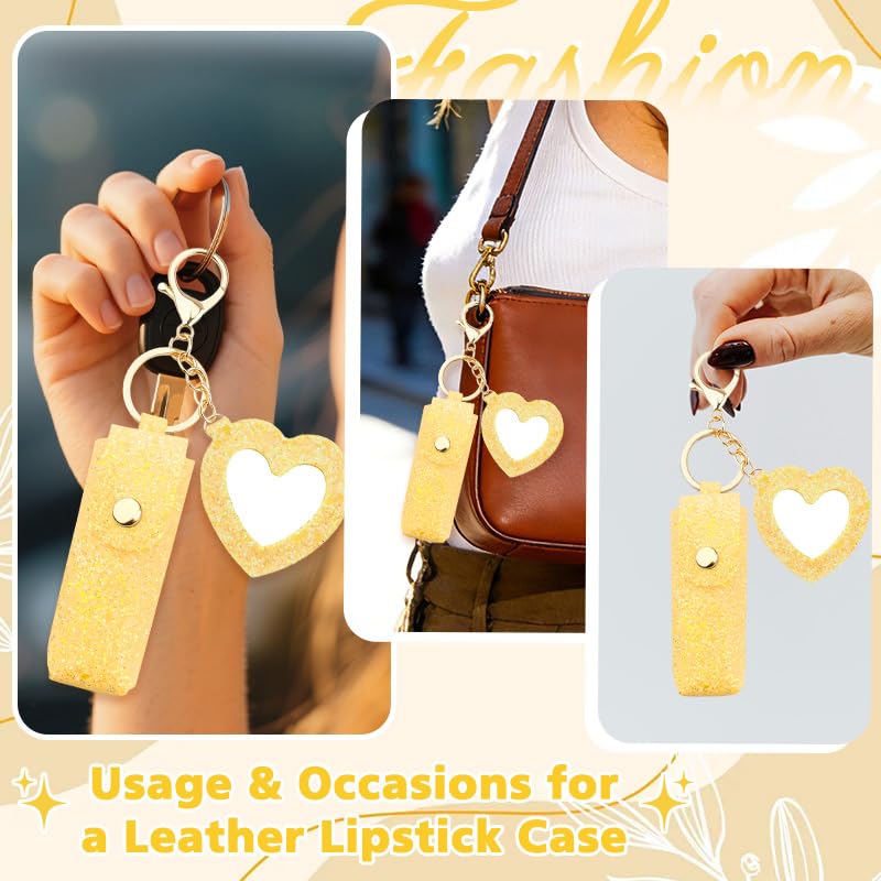 Sisadodo Glitter Lip Oil Holder Key Chains for Woman Lipstick Case with Mirror Lip Balm Keychain for Lipstick Case Keychain - color: Yellow-heart