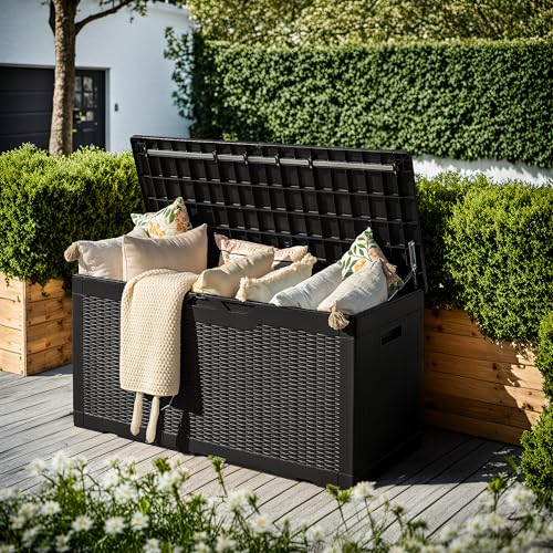 Devoko 97 Gallon Deck Box, Waterproof Resin Outdoor Storage Box for Outside and Patio, Large Outdoor Storage Bench Cabinet Lockable for Patio Furniture, Garden Tools and Pool Supplies (Black) - color: Black, size: 97 Gallon 1 Pack