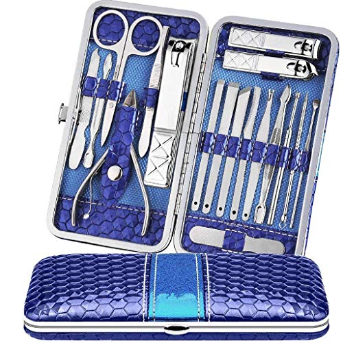 Teamkio 18pcs Manicure Set Pedicure Nail Clippers Set Travel Hygiene Kit Stainless Steel Professional Cutter Care Set Scissor Tweezers Knife Ear Pick Tools Grooming Kits with Leather Case - color: Blue